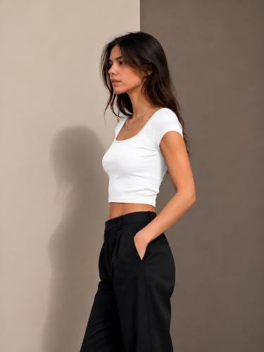 Image of Women Square Neck Crop Top | Korean Style Short Sleeve Fitted Top for Woman | Stretchable Casual Crop Top