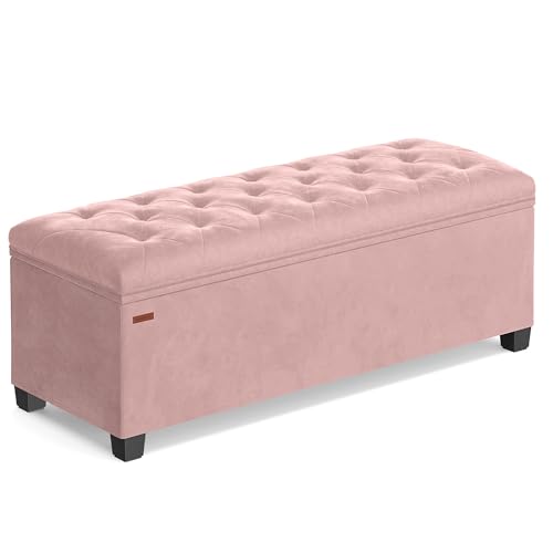 SONGMICS Velvet Storage Ottoman Bench, Foot Rest with Legs, 15.7 x 43 x 15.7 Inches, End of Bed Bench, Storage Chest, Load up to 660 lb, for Living Room, Bedroom, Entryway, Jelly Pink ULSF089R01