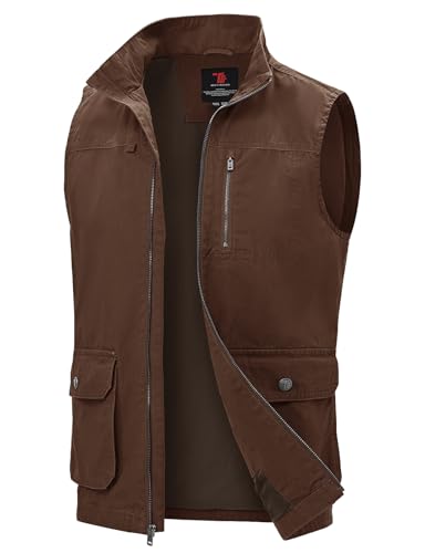 TBMPOY Mens Lightweight Vest Cotton Stylish Sleeveless Travel Casual Work Canvas Outerwear Utility Jacket Fishing Hiking Coffee L