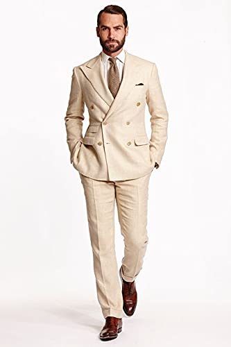 Mens Beige Linen Solid Double Breasted Slim Fit Suit Set Grooms Wedding Suits Tux Blazer Jacket Pants Separates4