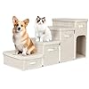 Dog Stairs with Storage, Folding Pet Steps with Zip for Small Dogs and Cats, 4-Step Pet Stairs with Pet House for High Bed, Couch and Car Ramp, Up to 200 Lbs (Beige, 4 Steps with Condo)