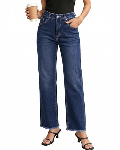 Image of GRAPENT Straight Leg Jeans for Women High Waisted Stretchy Frayed Raw Hem Loose Denim Pants Casual Baggy Jean Trousers