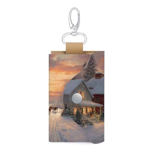Christmas Scene Old Red Barn Horses Key Holder Bag PU Leather ID Card Holder Keychains Case Cover for Men Women