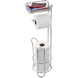 Dispensador De Papel Higienico Metalico InterDesign Classico Portarrollos de papel higiénico de pie, dispensador de papel de baño de metal con estante de apoyo, plateado