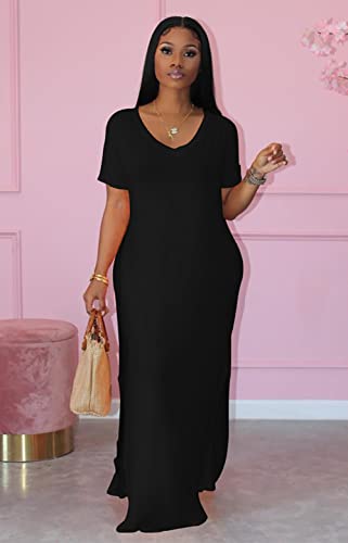 Image of Women Summer V Neck Loose Side Split Maxi Dresses with Pocket