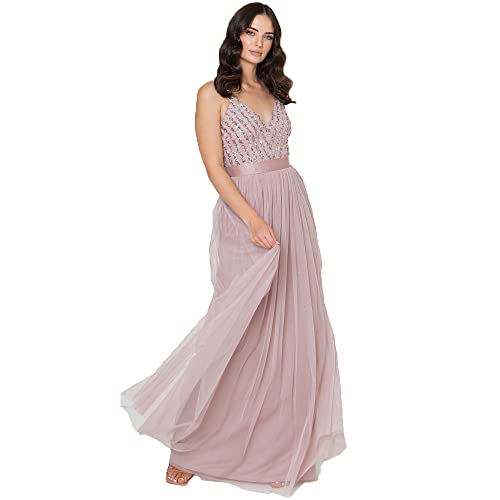 Maya Deluxe Women's Maxi Abendkleid Elegant für Hochzeit mit V-Ausschnitt Tüllkleid Damen mit Schleife Brautjungfernkleid, Frosted Pink, 46