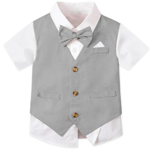 Image of SANGTREE Baby Boy Suit Wedding Ring Bearer Outfits Vest Short Sleeve Bowtie Shirt Suspender Summer Gentleman Shorts Sets