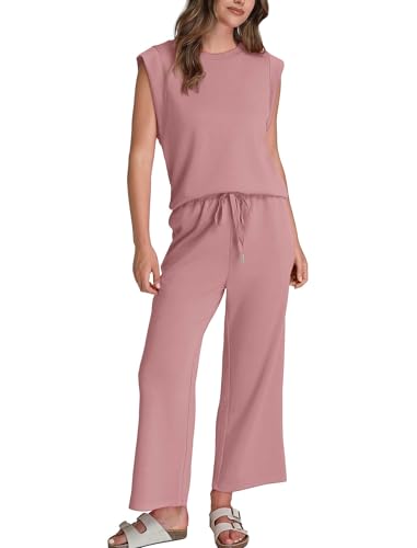 Image of SAMPEEL Two Piece Sets for Women Casual Travel Vacation Outfits Summer Wide Leg Crop Pants Lounge Sets