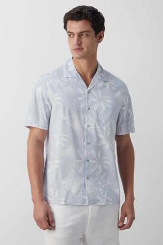 Image of Peter England Men's Cotton Blend Classic Fit Floral Print Casual Shirt | Cuban Collar, Half Sleeves | Casual Wear
