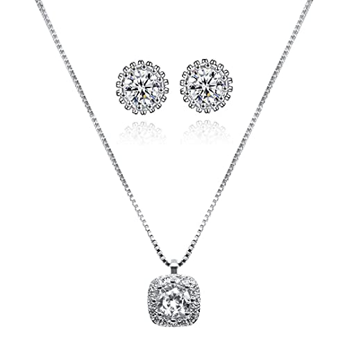 Sterling Silver Cubic Zirconia Halo Jewelry Sets - Elegant Earring and Pendant Necklace Set - Lightweight Square Zircon Diamond Jewelry Sets with Gift Box for Women Teen Girl Faux Diamond Women's Pendant Necklace and Stud Earrings Jewelry Set (Si