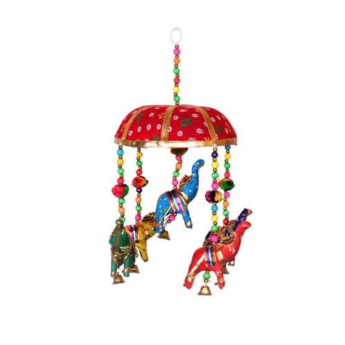 Image of Rajasthani Multicolor Elephants Jhoomer with Bell - Decorative Wind Chimes for Door & Wall Hanging, Ideal Home Decor & Gift Showpiece (Red)
