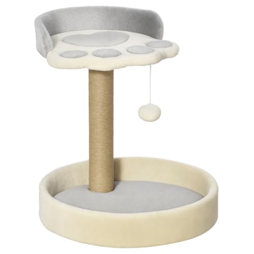 PawHut Arbre à Chat griffoir grattoir en Forme de Patte avec 2 Plateformes et Un Pompon Suspendu recouvert de Peluche - Gris
