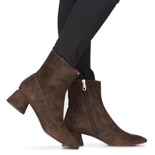 Women Suede Chunky Heel Ankle Boots Zipper Square Toe Sock Booties Mid Calf Comfort 2 Inch Block Heel Short Boots Slouch Go Go Ankle Boots Dressy Retro Casual 4-11 M US2