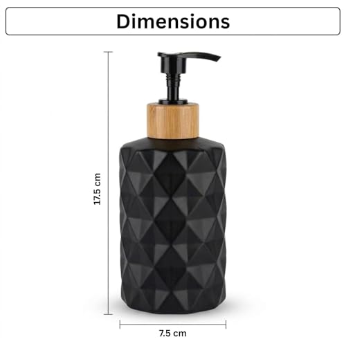 Image of Luxe Home International Faceted Pattern Glass Soap Dispenser for Bathroom and Kitchen Sink Leak Proof Liquid Hand Wash Round Bottle Lightweight Matte Finish (17.5x7.5 cm Black) Pack of 1