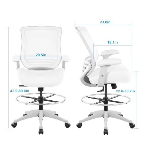 Image of BOLISS 400lbs Mesh Ergonomic Office Drafting Chair Big Adjustable Foot Ring Height Adjustable Armrest (Wht)