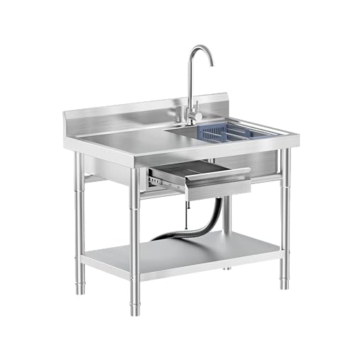 EHVCISTQ Stainless Steel Utility Sink Freestanding Single Bowl Laundry Sink with Hot and Cold Water Plumbing Workbench Drawers for Laundry Room Farmhouse Indoor and Outdoor Sink