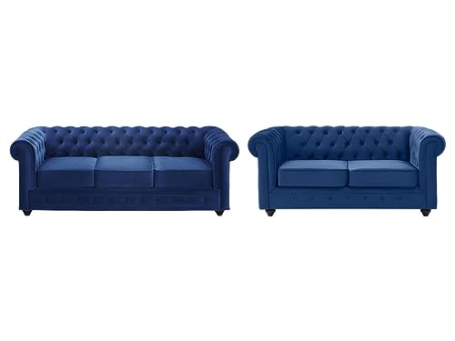 Vente-unique-Couchgarnitur 3+2 - Samt - Dunkelblau - Chesterfield