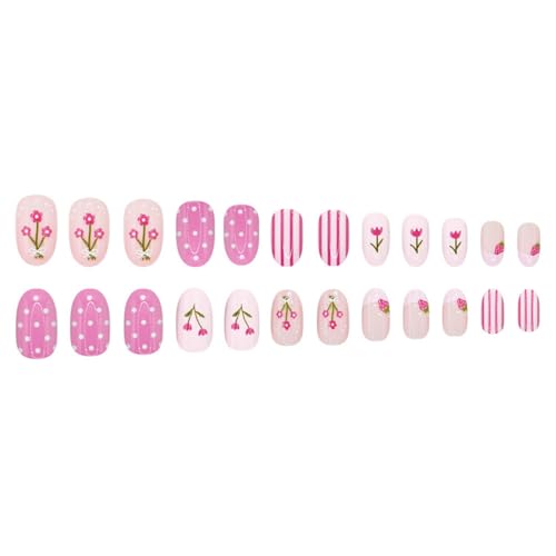 Image of Pink Press on Nails Flower Fake Nails Medium Oval False Nail with Stripes Polka Dot Design Reusable Glossy Full Cover Tulip Stick on Nail for Women Manicure 24Pcs