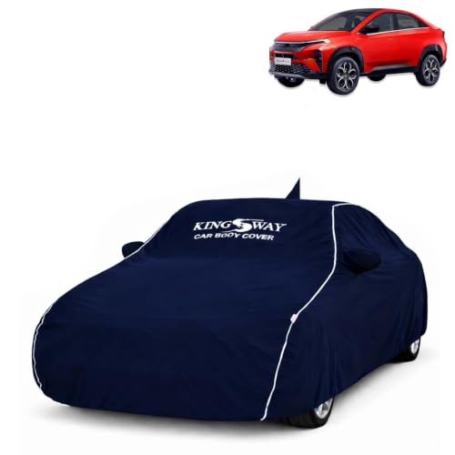 Image of KINGSWAY Super Waterproof Car Cover Only with Tata Curvv (Year 2024 Onwards - All Model) | Mirror and Antenna Pockets | All Weather Car Body Cover with Silver Piping | Blue