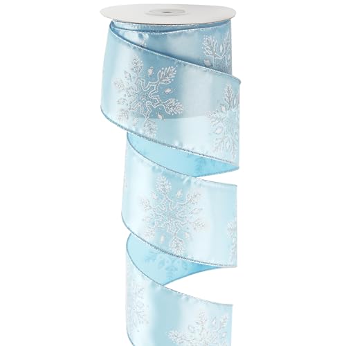 DINDOSAL Light Blue Snowflake Silver Glitter Wired Ribbon, Light Blue