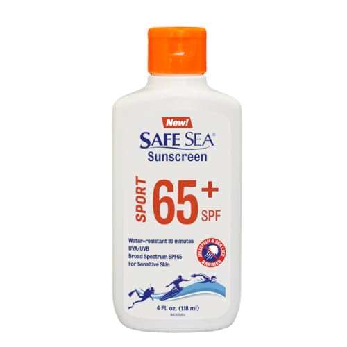 Safe Sea SPF 65+ Sport Sunscreen Lotion 4oz Jellyfish and Sea-Lice Sting Protection Super Water and Sweat resistant Biodegradable Easy to apply. 4Oz (118ml) Pack of 1