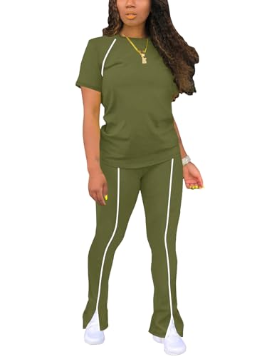 Image of STOLKISS Women 2 Piece Outfits Summer Workout Sweatsuit Striped Short Sleeve Long Flare Pants Casual Travel Tracksuit