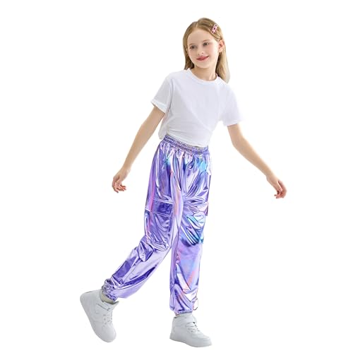 Image of Rolanko Girls Shiny Metallic Cargo Pants, Sparkle Jogger Pants for Girls Hip Hop Dance Streetwear Cargo Trousers 6-15 Years