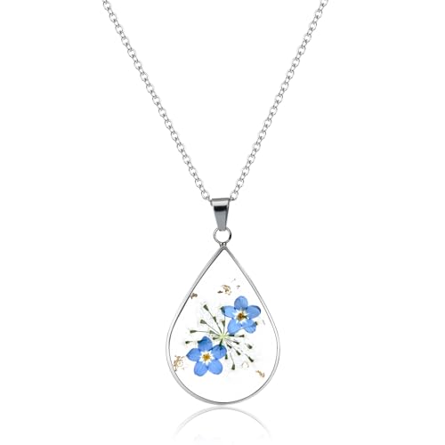 Sterling Silver Forget Me Not Pressed Flower Necklace - Unique Floral Pendant for Women