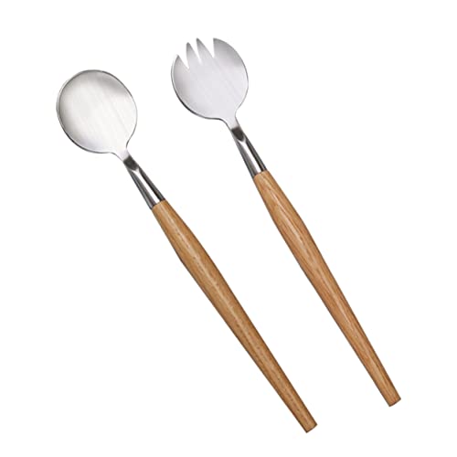 Ciieeo 2pcs Stainless Steel Salad Servers Set with Wooden Handles Comfortable Fruit Cutlery Kit for Easy Tossing and Serving Tableware for Picnics Lunches and Everyday Meals
