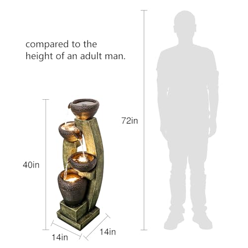 Naturefalls 40” H Modern Outdoor Fountain - 4 Crocks Outdoor Garden Fountains with Contemporary Design&LED Light for Garden, Patio, Deck, Porch, Backyard and Home Art Decor (40in, Light Gray)