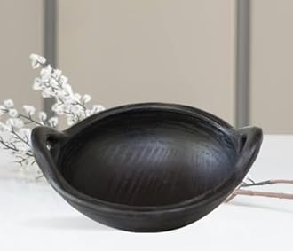 Craftsman India Online Craftsman Deep Burned Clay Handi/Pot And Kadai For Cooking And Serving Combo 1, 2 & 2 Liter, Black