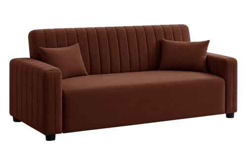 Image of Modern 3 Seater Sofa | Vertical Channel Tufted Backrest & Armrests | Plush Cushioned Seating | Contemporary Upholstered Couch for Living Room, Bedroom & Office - Brown Color