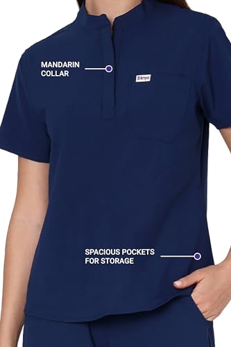 Image of KNYA Ecoflex Women's Align Scrub Suits |8 Pockets | Mandarin Top |Cargo Bottom | 4-way stretch | For Doctors (XS, Navy Blue)