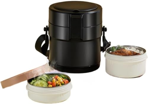 Mearrineser 保温ランチジャー 大容量1.8L 真空断熱 スープジャー 丼ぶり型 抗菌ステンレス 食器付き お弁当箱 男性 女性 オフィス 保温容器 (YDL-1-black-1.8L)