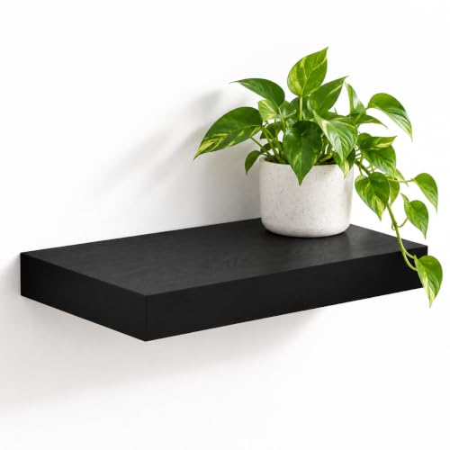 WELLAND 16 inch Black Mission Floating Shelves for Wall, Bathroom Wall Mount Shelves, Wood Modern Display Shelves, Book Shelves,for Bedroom,Living Room and Kitchen