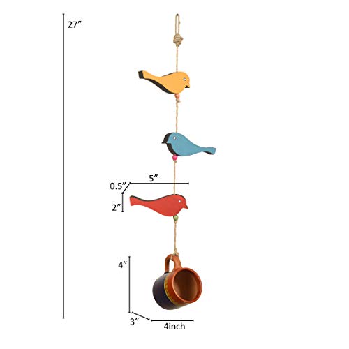Image of Aakriti Art Creations Hanging Bird Feeder | Blue Teracotta Cup with Metal Bird Motifs | Decorative Outdoor & Indoor Bird Feeders, Garden Decor, Home Decor, Handcrafted Wind Chime, Feng Shui