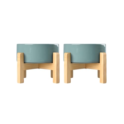 SPUNKYJUNKY Set di ciotole per cani rialzate in ceramica con supporto in bambù per cani e gatti (400 ml, verde scuro)