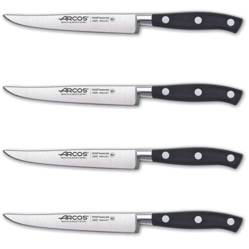 Arcos Serie Riviera - Juego 4 Cuchillos Chuleteros - Hoja de Acero Inoxidable Forjado NITRUM 130 mm - Mango de Polyoxymethylene (POM) Color Negro