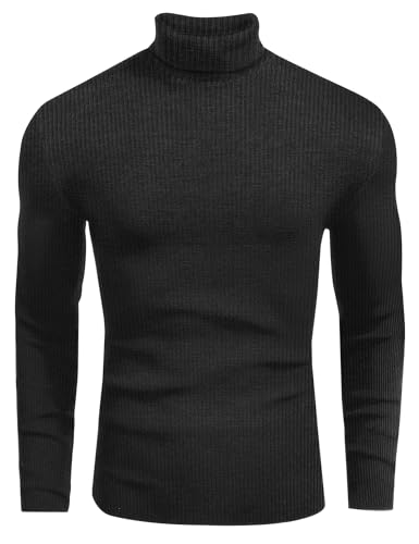 Ekouaer Mens Turtleneck Shirts Ribbed Lightweight Sweater Long Sleeve Casual Pullover Thermal Undershirts Black L