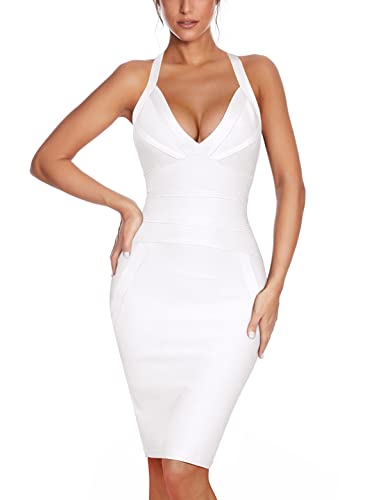 Mini robe bandage dos nu et col en V pour femme, A - Blanc, Taille S
