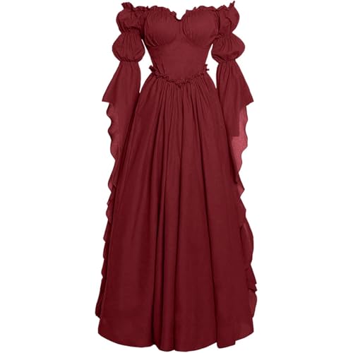 RYTEJFES Vestido victoriano renacentista para mujer, vestido de bruja gótico, vestido de novia medieval, S-XXL, A006 Red, L