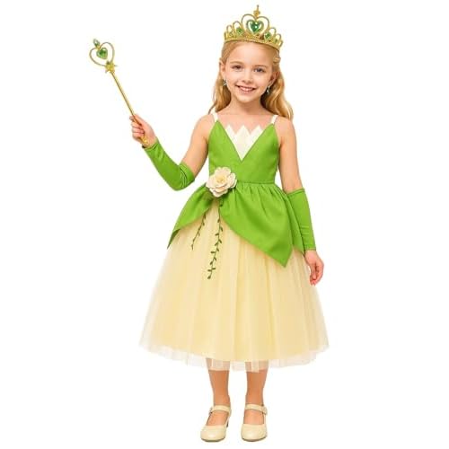 Princess Tiana Costume for Girls Green Frog Fairy Fancy Dress Halloween Birthday Party Outfits Clothes Green 7 years