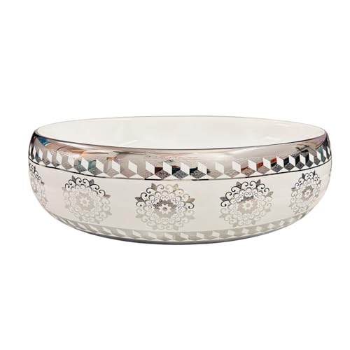 Image of Wallace Premium Countertop Wash Basin 60x40x15 cm | Oval Ceramic Table Top Sink |Interior with Gold Pattern | Luxury Designer Vanity Wash Bowl (Ivory Silver)