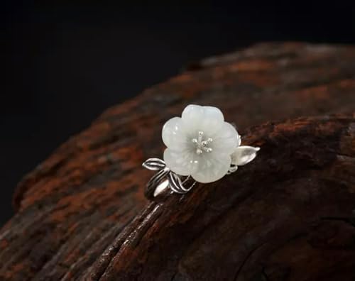 Bague jade blanc Hetian style bohème chic argent fleur de prunier réglable - 4