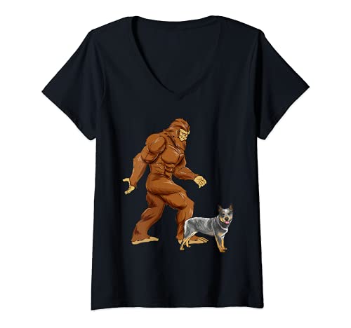 Womens Funny Bigfoot Walking Australian Cattle Dog Sasquatch Dog V-Neck T-Shirt, Black