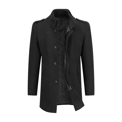 Allthemen Abrigo de invierno de lana para hombre con cuello alto Chaqueta corta de invierno Slim Fit Gabardina forrada informal Negro M