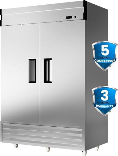 Image of 54 inch Upright Commercial Freezer with 2 Solid Door, -10℉ ~ 10℉, 49 Cu.Ft Stainless Steel Reach-in Freezer,Fan Cooling Freezer with 3 Wheels for Restaurant Bar Garage, ETL and DOE Approved