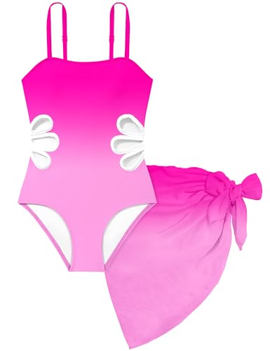Image of Girls Swimsuit Adjustable Straps Cut Out One Piece Bathing Suit with Solid Color Cover Up Skirt Girls' Swimwear 5-16Y
