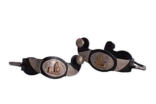 Showman Ladies Black Steel Bumper Spurs w/Copper/Gold Barrel Racer & Engraved Silver Overlay