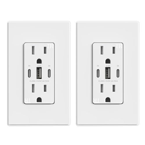 Image of ELEGRP USB Outlets, 30W 6.0 Amp USB C Outlets Receptacles, 3-Port USB Wall Outlet, 15 Amp Tamper-Resistant Outlet with 2 USB C Ports, UL Listed, Screwless Wall Plate Included, 2 Pack, Matte White